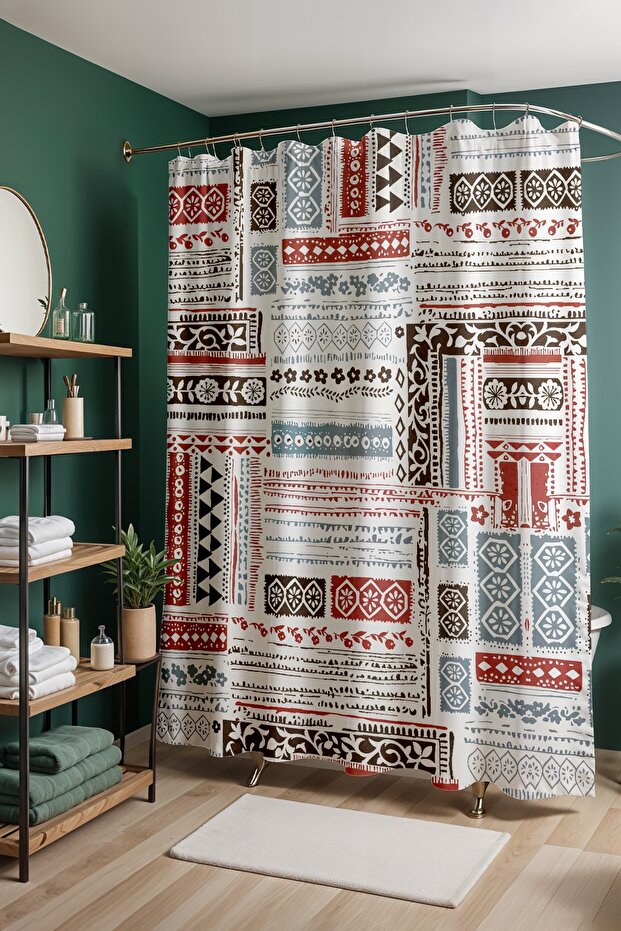 Bathroom Curtain, Modern Anatolian Traces Patterned Shower Curtain, Bathtub Curtain 175X200Cm