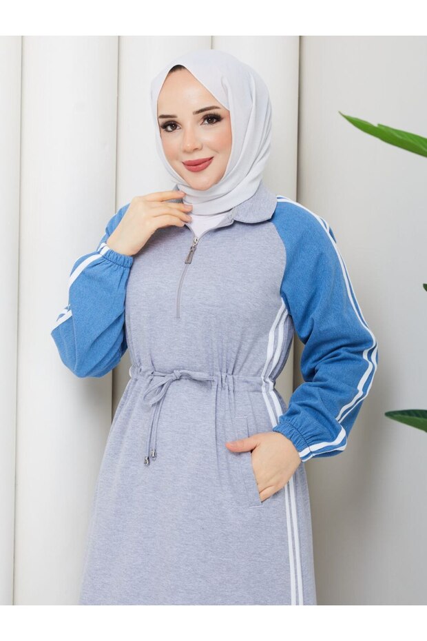Denim Sleeves Two Thread Cotton Women's Sports Dress with Laces N-05490 _ Gray