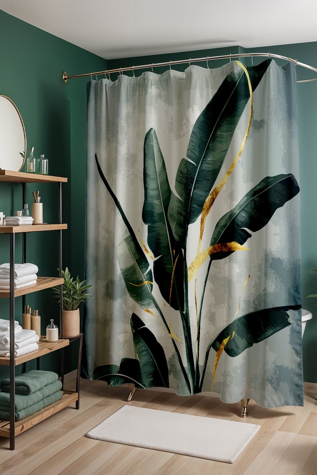 Bathroom Curtain, Green Gold Detailed Leaves Patterned Shower Curtain, Bathtub Curtain 175X200Cm