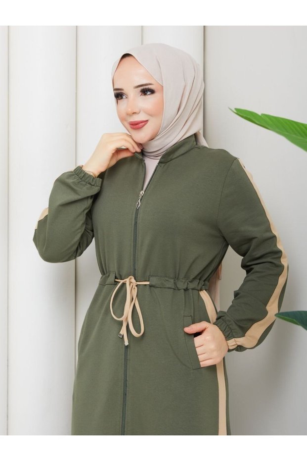 Two Thread Cotton Women's Sports Robe Full Zipper Lace-Up Dress N-05489 _ Green