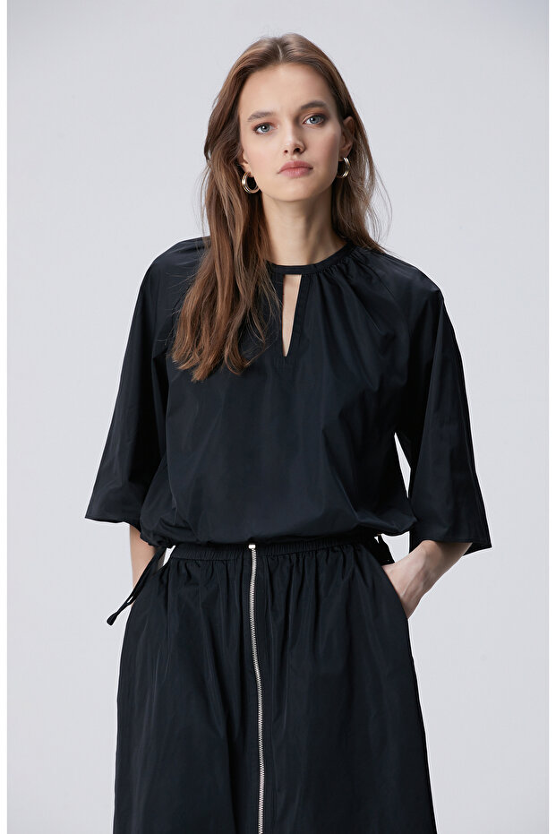 Siyah Crop Tafta Bluz - 1