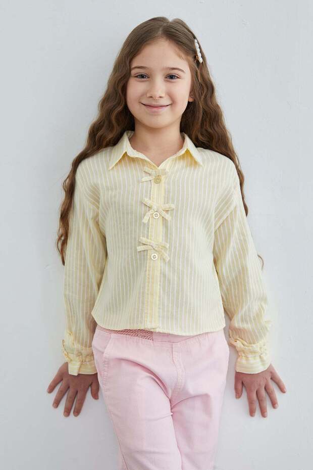 Striped Bow Detailed Girls' Crop Shirt
