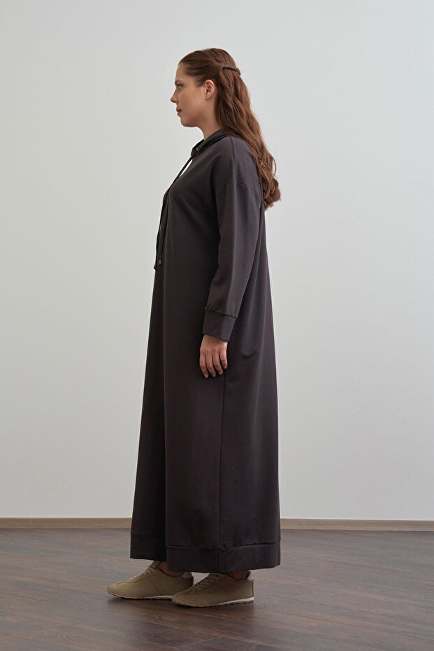 Acı Kahve-Büyük Beden Kapüşonlu Basic Örme Elbise - 2