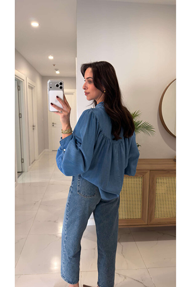 Wonela Mavi Oversıze Denim Gömlek - 4