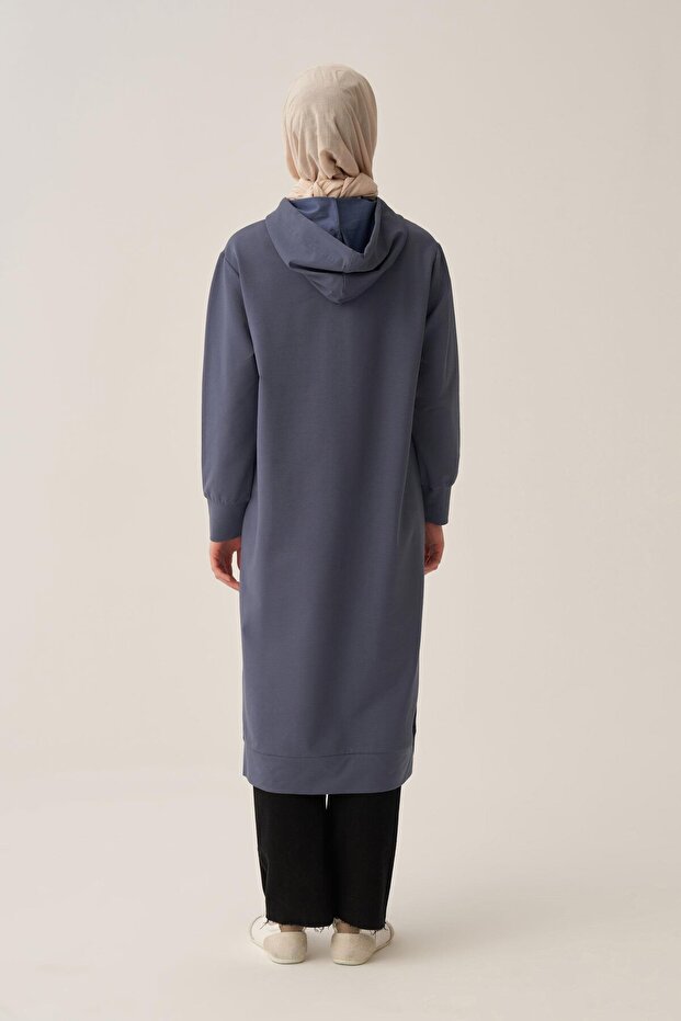 Mavi-Kapüşonlu Rahat Tunik - 4