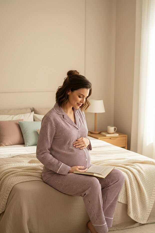 Pure Comfort Front Buttoned Shirt Collar Striped Long Sleeve Maternity and Postpartum Pajama Set