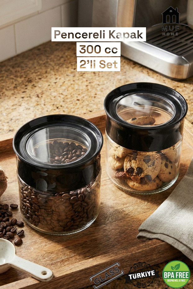 Set of 2 Glass Jars with Top Window in the Drawer, Practical Storage Container with Black Lid, 300 ml Bpa Free