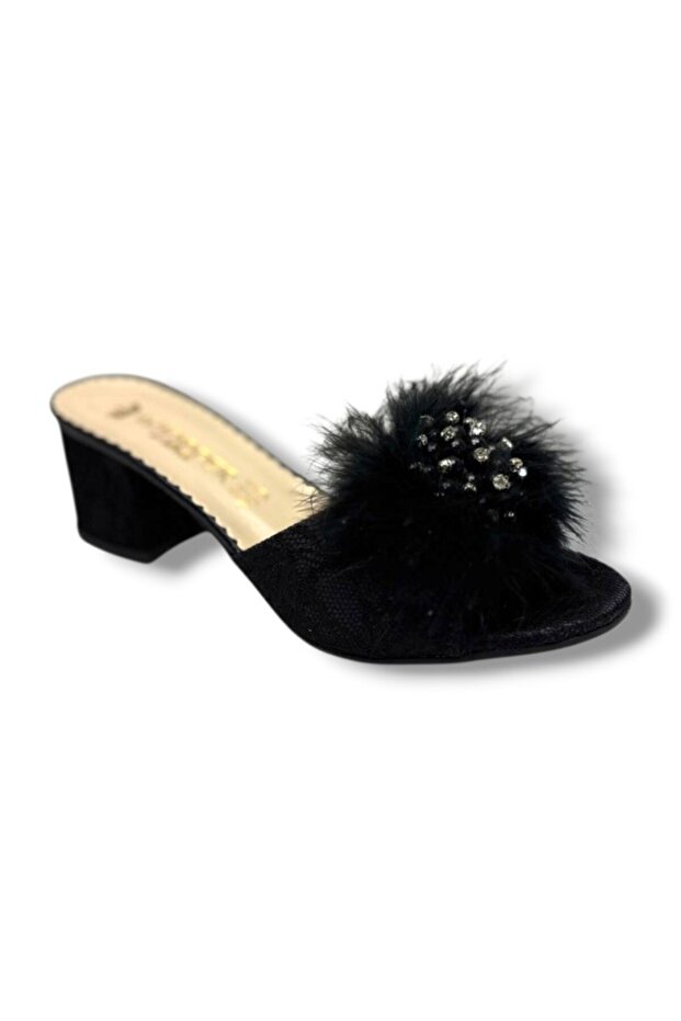 9802-26 Embroidered, Pearled, Stoned, Thick Heeled, Furry Women's Slippers