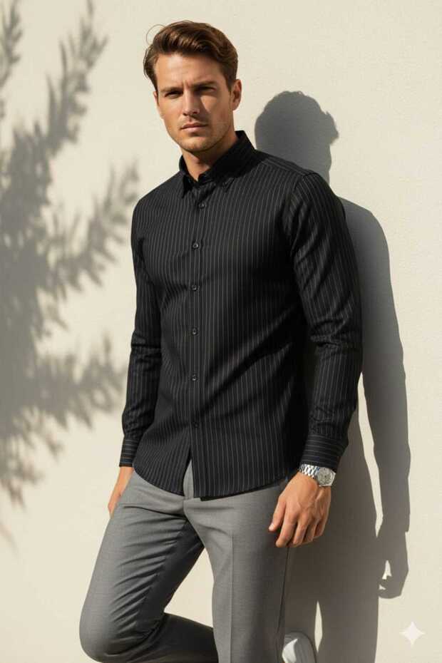 Black Background Colorful Striped Long Sleeve Men's Shirt