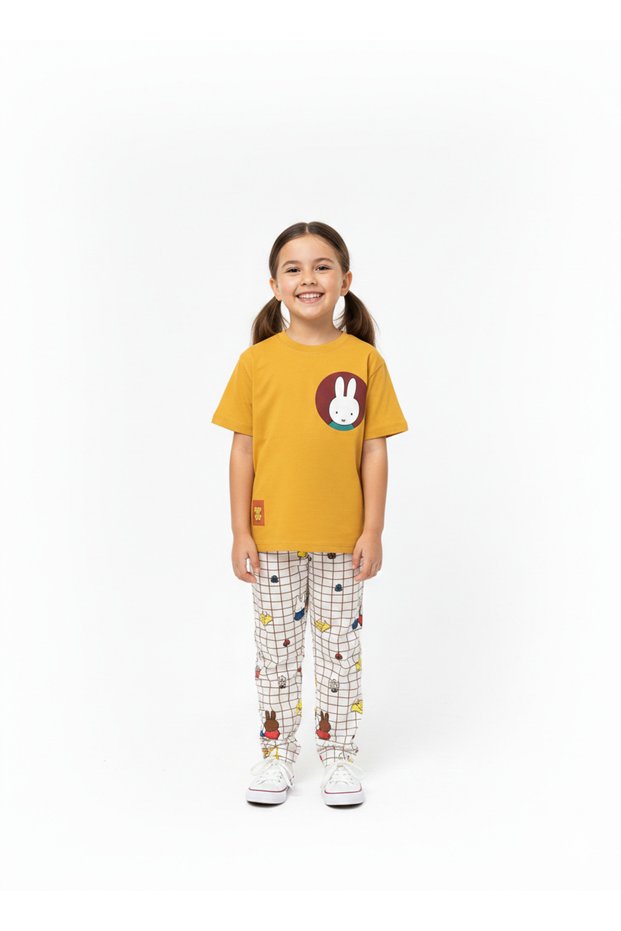 Girl's Mustard Rabbit Printed T-Shirt and Checkered Patterned Trousers Set