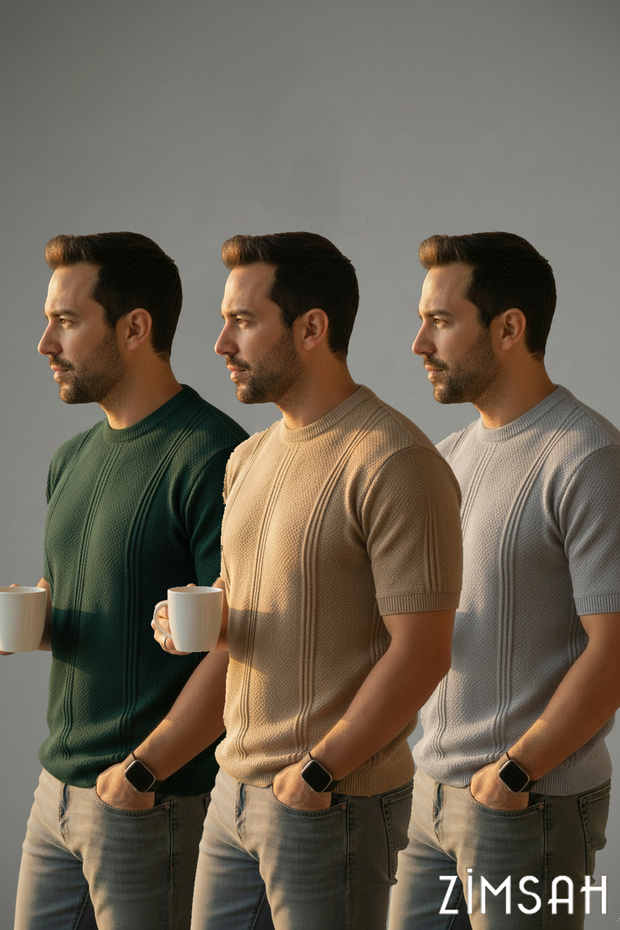 Men's 3-Piece Knitwear T-Shirt Set Crew Neck Short Sleeve Green Gray Beige Basic