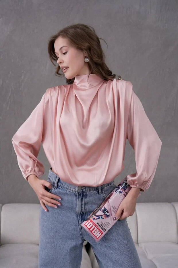 Women's Stand Collar Padded Shoulders Accessory Detail Satin Woven Blouse 30050