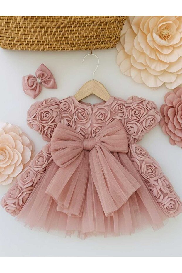 Girl's 3D Rose Lined Dress with Bow Detail