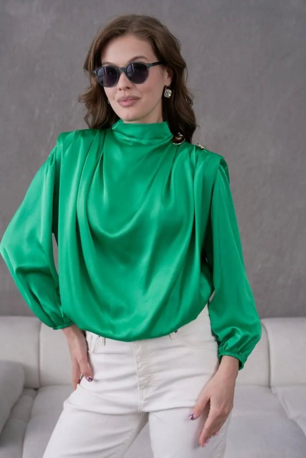 Women's Stand Collar Padded Shoulders Accessory Detail Satin Woven Blouse 30050