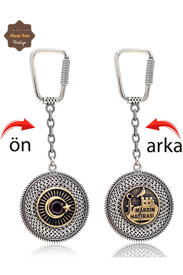 Ruby Stone Crescent and Star and Mardin Souvenir Double-Sided Oxidized Silver Filigree Keychain 201025171