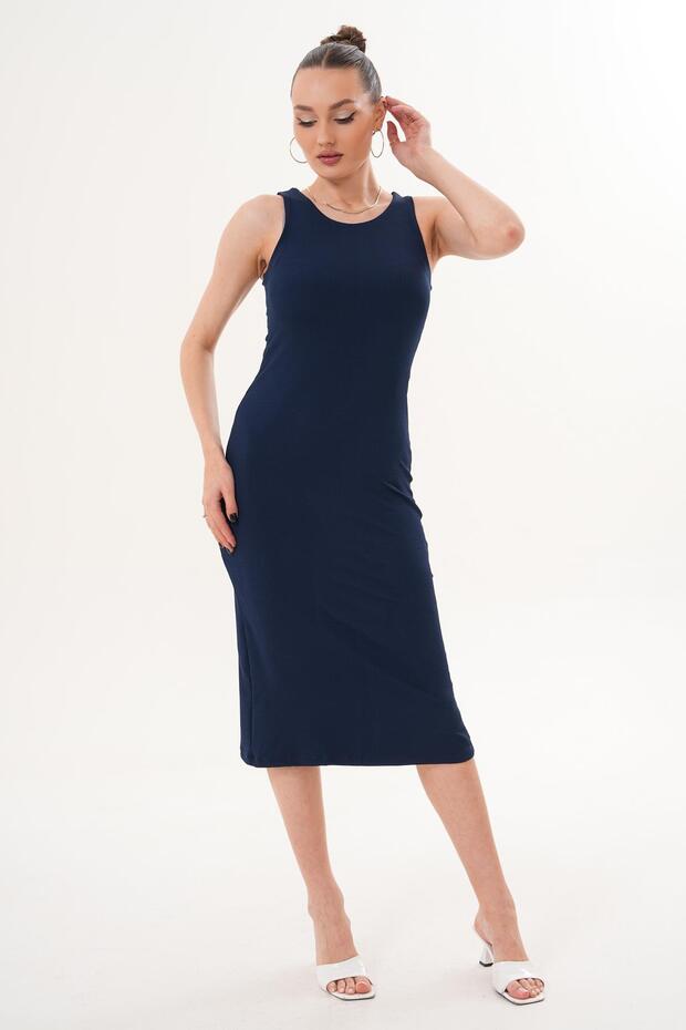 Women's Round-Neck Corded Fabric Ribbed Knit Corset Dress 260096