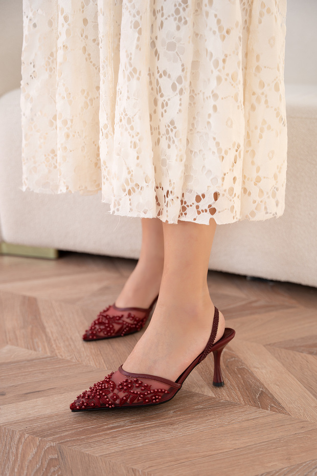 Mareka Detailed Processing Burgundy Women's Heeled Shoes