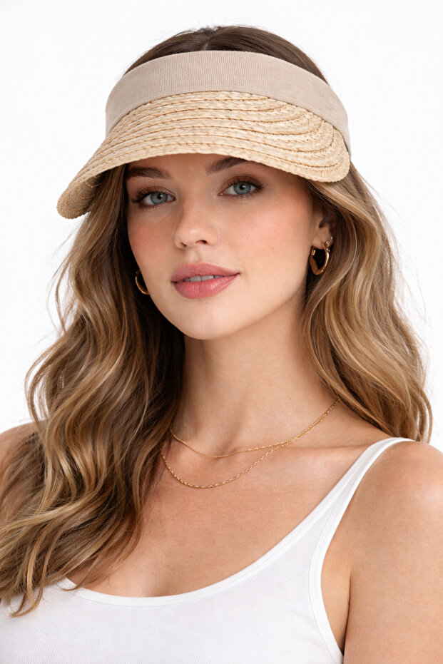 Natural Straw Women's Cream Visor Hat Crown Model Summer Beach & Vacation Sun Hat
