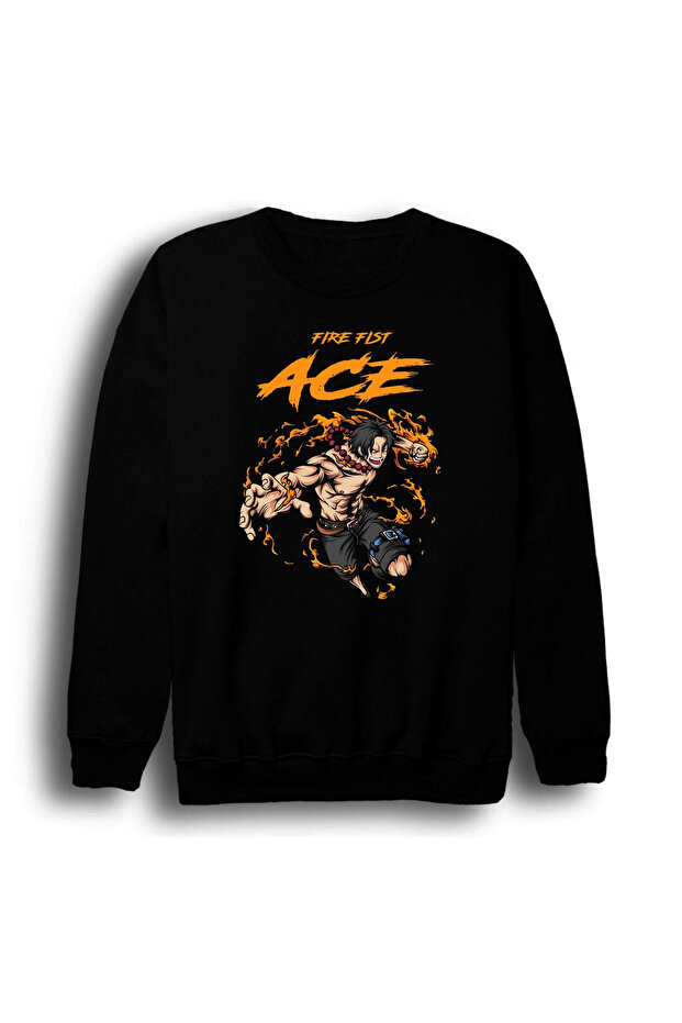 One Piece - Portgas D. Ace - Anime Printed Unisex 100% Cotton Crew Neck Black Sweatshirt