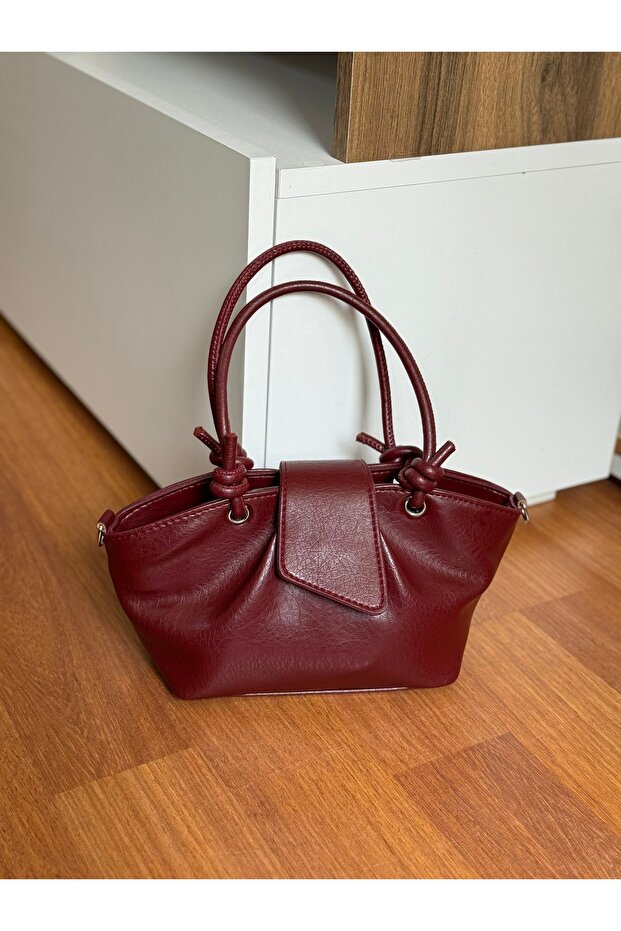 Faux Leather Women's Hand and Shoulder Bag with Strap Knot Detail