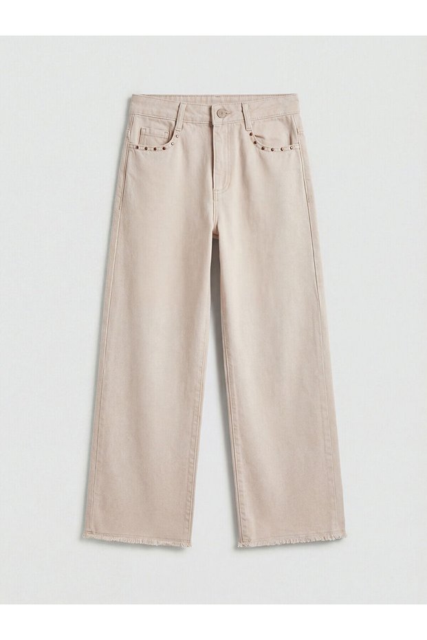Beige Wideleg Staple Detailed Girls' Jean Pants