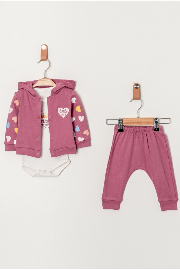 Baby Girl 3-Piece Set Hooded Cardigan Body Pants Heart Patterned Cotton