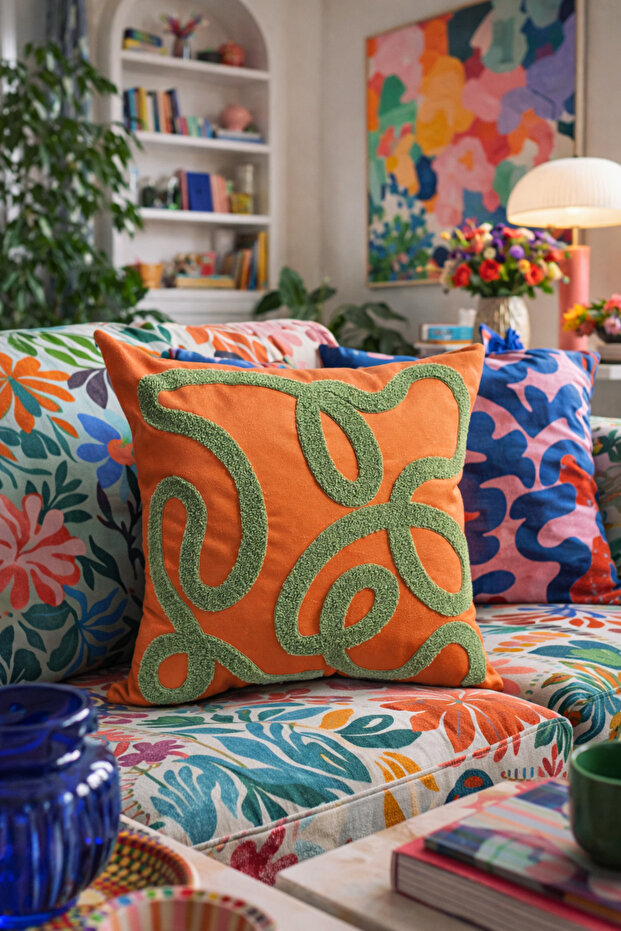 Punch Embroidered Throw Pillow Cover - 43*43 cm - Curve - Pnk001