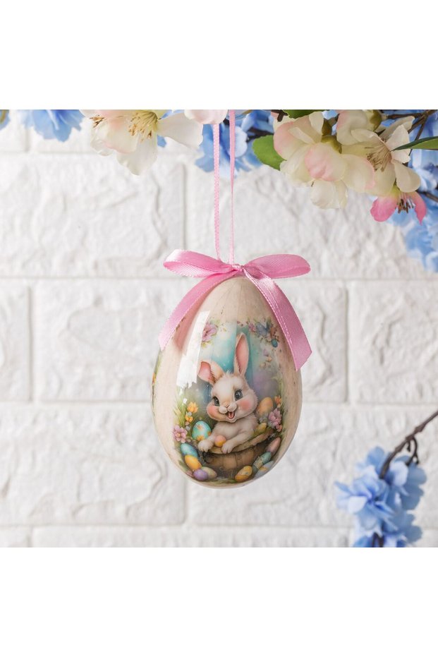 Decorative Easter Egg Ecru with Bunny Pattern & Colored Eggs 10 centimeters