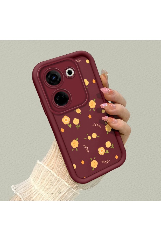 Tecno Camon 20 Compatible Cute Flower Patterned Claret Red Phone Case Soft Silicone