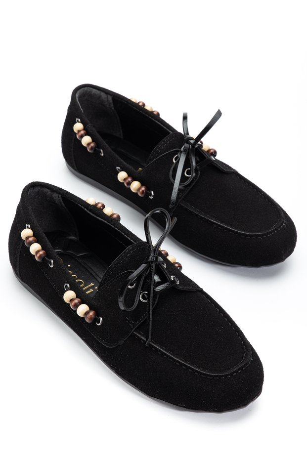 Women's Black Nubuck Lace-Up Beaded Detailed Casual Loafer Ballerina Shoes