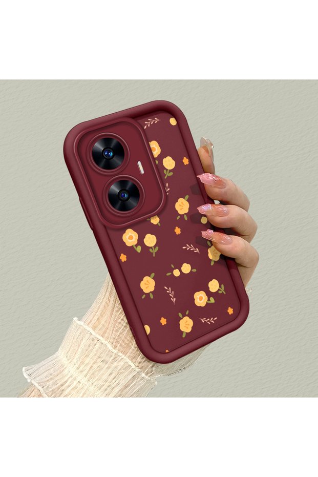 Realme C55 Compatible Cute Flower Patterned Claret Red Phone Case Soft Silicone