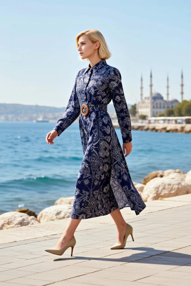 Women's Dress Shirt Hijab Collar Long Sleeve Woven Terrycotton Ethnic Patterned A-Line Maxi Length