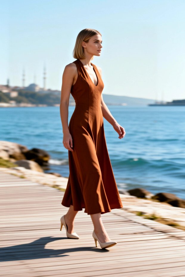 Women's Midi Dress V-Neck Halter Neck Sleeveless Open Back A-Line Micro Woven Unlined