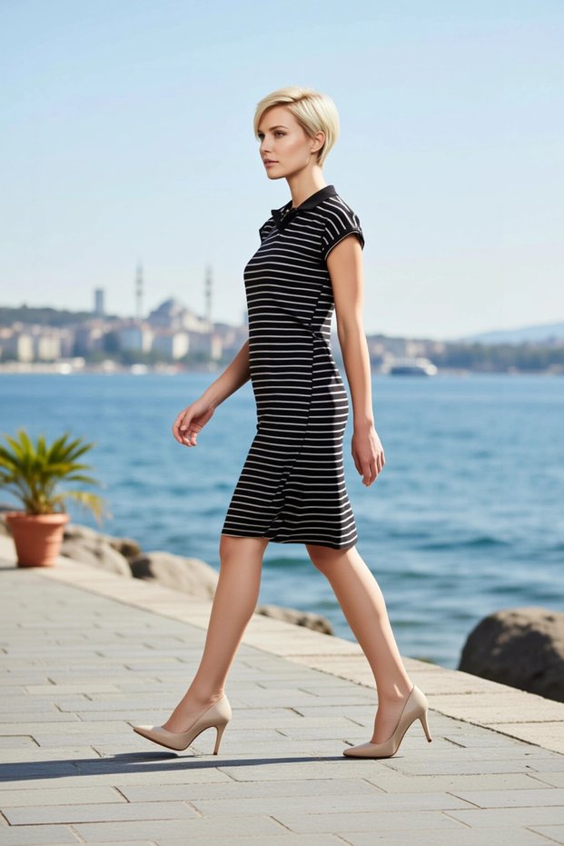 Women's Plus Size Dress Polo Collar Short Sleeve A-Line Midi Length Striped Knitted Fabric Summer Stylish