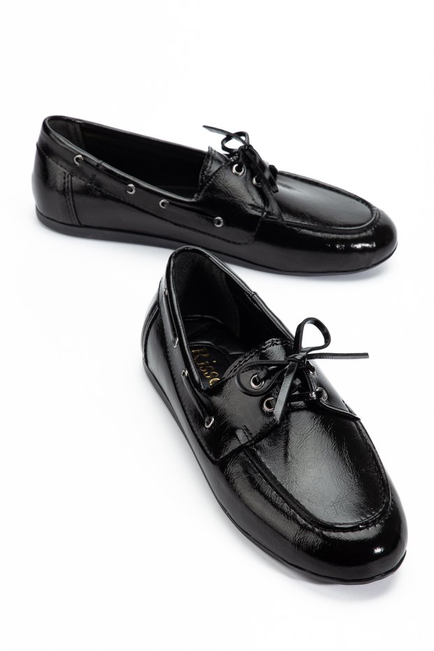 Women's Black Shiny Patent Leather Lace-Up Casual Loafer Ballerina Shoes