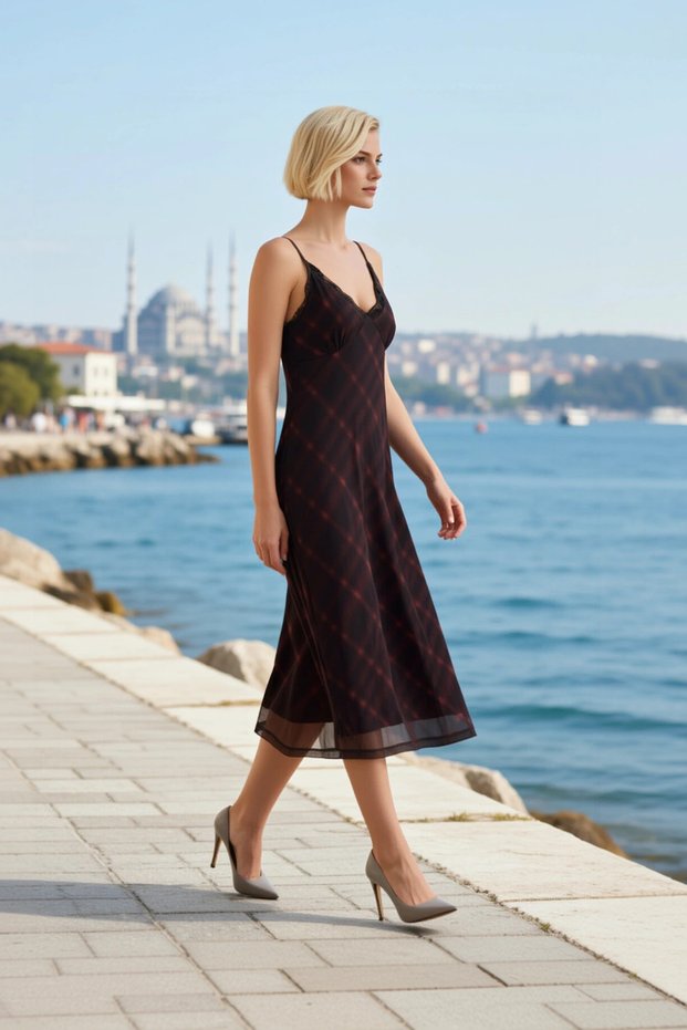 Women's Maxi Dress V-Neck Thin Straps Sleeveless Plaid Checked Shirred Lined Tulle Knitted Quality
