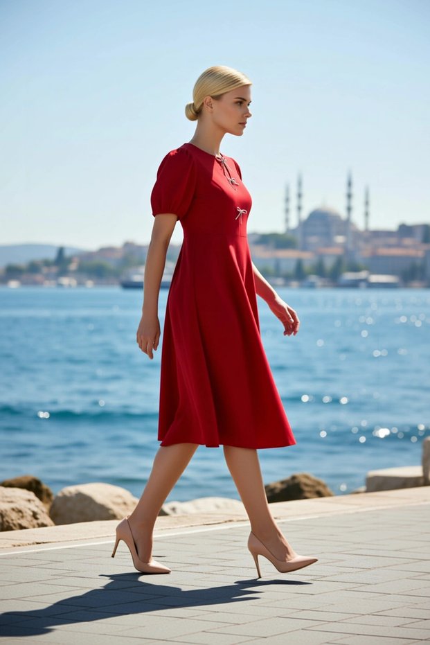Women's Plus Size Dress Crew Neck Balloon Sleeve Skater Cut Finike Woven Midi Length Plain Stylish