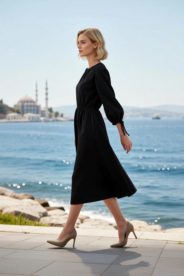 Women's Maxi Dress, Crew Neck, Three Quarter Balloon Sleeve, Woven, Unlined, A-Line, Plain Color, Stylish