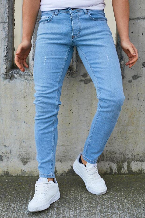 Men's Ice Blue Laser-Cut Slim Fit Stretch Fabric Jeans