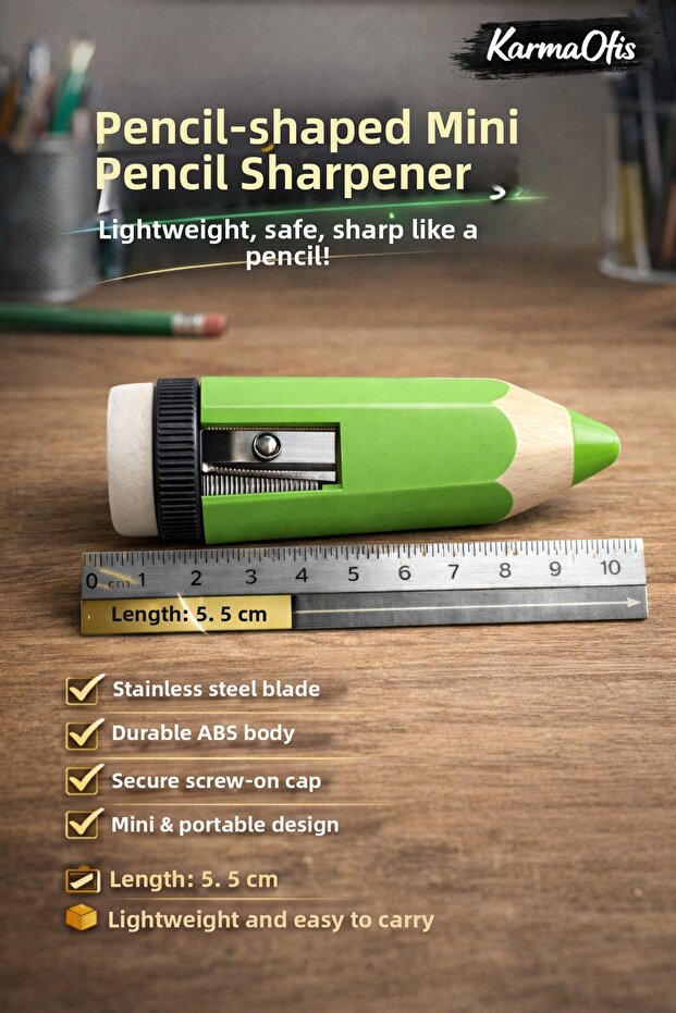 Pen Shaped Green Color Mini Pencil Sharpener with Cover 5.5 cm Portable Metal Blade