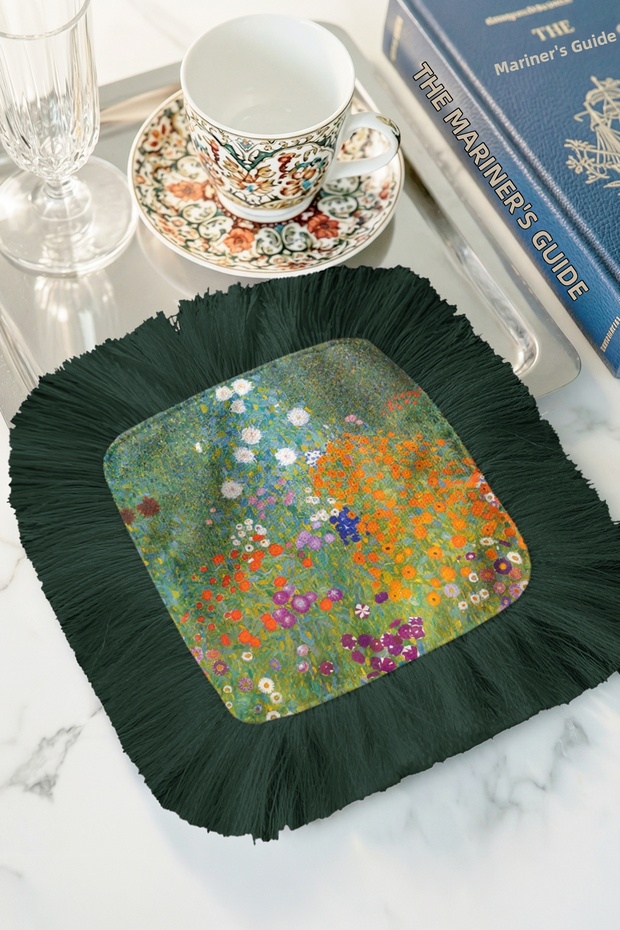 Artistic Flower Garden Fringed Coffee Side Serving Napkin - Natural Spring Bohemian Green Presentation Napkin