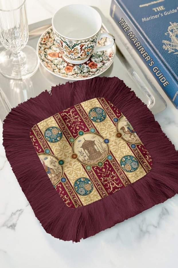 Palace Elegance Fringed Presentation Placemat Tissue-Classic Gold Burgundy Colored Presentation Napkin