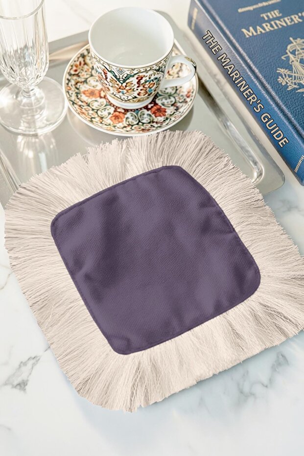 Luxurious Purple Fringed Coffee Side Presentation Cocktail Napkin - Simple Bohemian Lilac Ecru Coaster Tissue