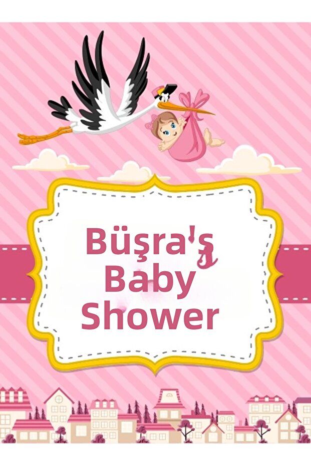 Pink Striped Stork Themed Baby Shower Banner 100X150 cm