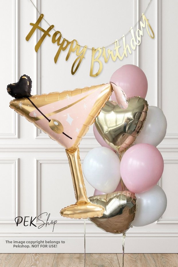 Set243 Happy Birthday Banner and Gold Pink Adult Birthday Balloon Set with Goblet Balloons