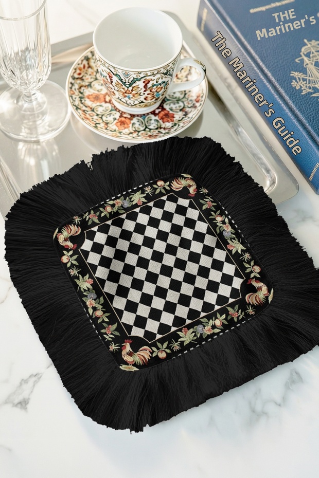Elegant Checkered Fringed Decorative Napkin - Rustic Peacock Black Gold Colored Coaster Tissue