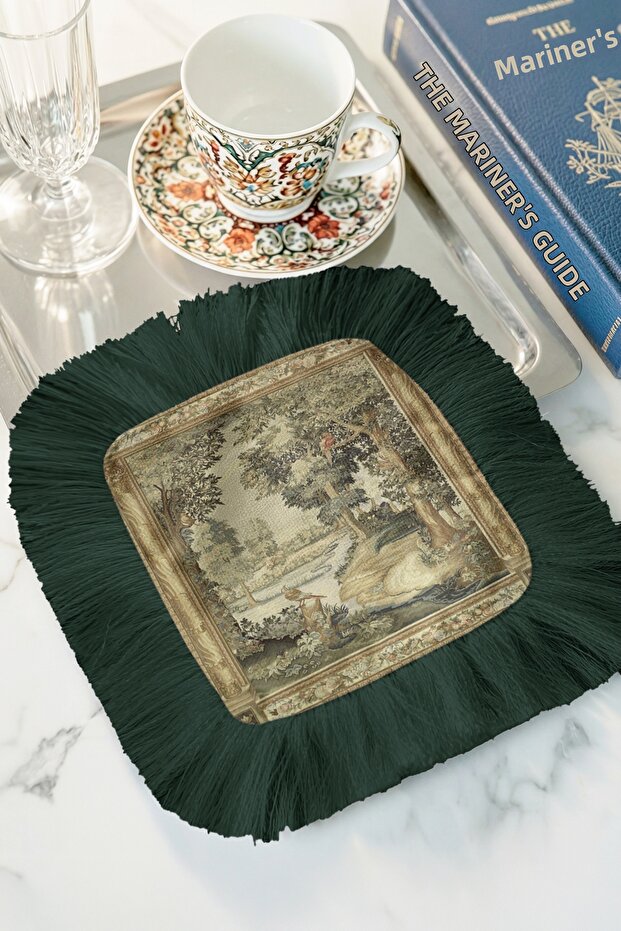 Baroque Art Tasseled Presentation Napkin - French Classic Vintage Theme Green Coaster Tissue