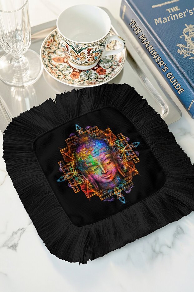 Neon Buddha Mandala Fringed Presentation Napkin-Spiritual Bohemian Black Color Coaster Serving Napkin