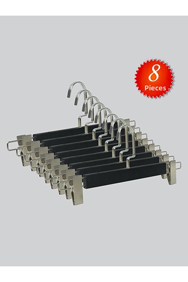 Wooden (Silver Hook Lama) Clothes Hangers for Pants and Skirts, Black Color, 8 Pieces