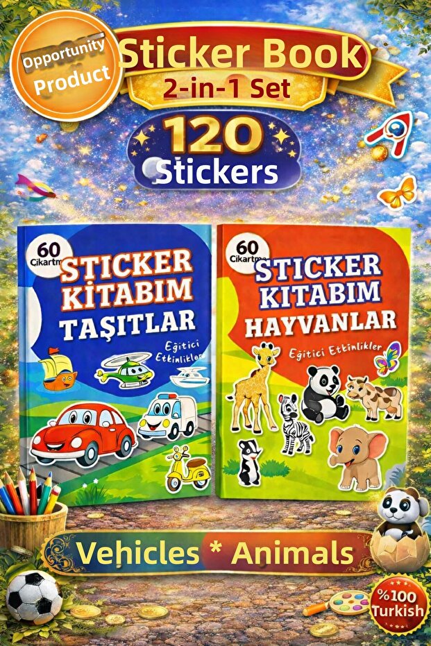 60 Sticker Book with Stickers – Educational Activity Book (Animals - Vehicles) - 2-Pack